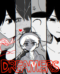 4boys ? antenna_hair black_eyes black_hair character_name collared_shirt colored_skin finger_heart heart heart_hands highres male_focus multiple_boys multiple_persona omoli_(omori) omori omori_(omori) omoriboy open_mouth parted_lips rou_(h_s_sinrin) shirt short_hair short_sleeves sprout_mole sunny_(omori) teeth upper_teeth_only white_skin