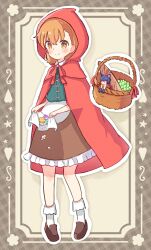 2girls animal_costume apron baguette basket big_bad_wolf big_bad_wolf_(cosplay) bread brown_eyes brown_hair brown_skirt cape cosplay food frilled_skirt frills fruit grapes green_shirt highres hood hood_up hooded_cape little_red_riding_hood_(fairy_tale) little_red_riding_hood_(fairy_tale_character)_(cosplay) little_red_riding_hood_(fairy_tale_character) mini_person minigirl misaka_mikoto multiple_girls red_hood shirai_kuroko shirt short_hair skirt toaru_kagaku_no_railgun toaru_majutsu_no_index uisuke waist_apron white_apron wolf_costume