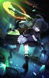 1girl absurdres animal_bag apron bandaid bandaid_on_leg bear_bag black_boots black_dress boots box cardboard_box chromatic_aberration circular_saw corin_wickes cuffs dress full_body green_hair hair_between_eyes highres holding holding_weapon indoors knee_boots long_hair looking_at_viewer maid maid_apron maid_headdress open_mouth puffy_short_sleeves puffy_sleeves purple_eyes saw screw_hair_ornament short_sleeves solo twintails user_ecnk4258 weapon white_apron zenless_zone_zero