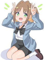 1girl :d black_bow black_bowtie black_shorts blue_jacket bow bowtie brown_hair brown_shoes changaa colored_inner_hair commentary diamond-shaped_pupils diamond_(shape) double_v fang full_body green_eyes hair_intakes hands_up highres jacket light_blush loafers long_sleeves looking_at_viewer multicolored_hair notice_lines oka_asahi onii-chan_wa_oshimai! open_clothes open_jacket open_mouth orange_hair seiza shirt shoes short_hair shorts simple_background sitting smile socks solo symbol-shaped_pupils two-tone_hair two_side_up v white_background white_shirt white_socks wing_collar
