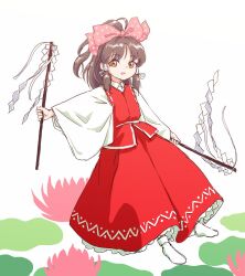Rule 34 | 1girl, bow, brown eyes, brown hair, full body, gohei, hair bow, hakurei reimu, hakurei reimu (seihou), holding, holding gohei, long sleeves, looking at viewer, pink bow, polka dot, polka dot bow, red skirt, red vest, s-a-murai, seihou, shirt, shuusou gyoku, skirt, socks, solo, touhou, vest, white shirt, white socks, wide sleeves
