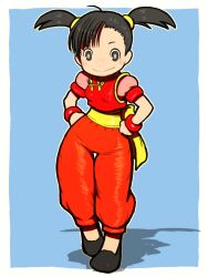 1girl beeru_(veil8801) black_eyes black_hair bracelet breasts bright_pupils chinese_clothes closed_mouth full_body hands_on_own_hips highres jewelry ling_xiaoyu medium_breasts outline pants puffy_short_sleeves puffy_sleeves red_pants red_vest sash shadow short_hair short_sleeves smile solo tekken thigh_gap twintails vest white_outline white_pupils yellow_sash
