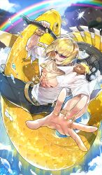 abs animal black_pants blonde_hair blue_sky bracelet commentary day fate/grand_order fate_(series) fish gold_belt gold_bracelet gold_necklace gold_ring golden_eater holding holding_weapon jewelry kikoku_suimu_makyou_rashoumon lens_flare muscular muscular_male necklace official_art open_clothes open_mouth open_shirt orion_(bear)_(fate) outdoors oversized_animal pants pectoral_cleavage pectorals popped_collar purple-tinted_eyewear rainbow redrop riding riding_animal sakata_kintoki_(fate) shirt short_hair sky smile stuffed_animal stuffed_toy sunglasses teddy_bear third-party_source tinted_eyewear v-shaped_eyebrows veins water weapon white_shirt