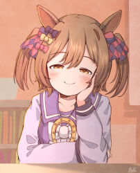 1girl animal_ears blush bow bowtie brown_hair collarbone commentary_request hair_between_eyes hair_bow half-closed_eyes head_on_hand highres horse_ears horse_girl horseshoe_ornament long_sleeves looking_at_viewer orange_eyes pink_bow purple_bow purple_shirt rakugakiraid sailor_collar school_uniform shirt short_hair short_twintails sidelocks smart_falcon_(umamusume) smile solo tracen_school_uniform twintails umamusume white_bow white_bowtie yellow_bow