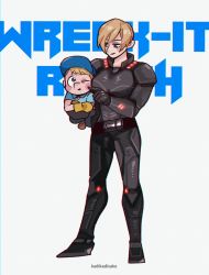 1boy 1girl armor baseball_cap blonde_hair blue_eyes blush_stickers breasts carrying carrying_person cheek_poking copyright_name couple fix-it_felix_jr hat height_difference hetero highres ka_ji one_eye_closed poking short_hair smile standing tamora_jean_calhoun wreck-it_ralph