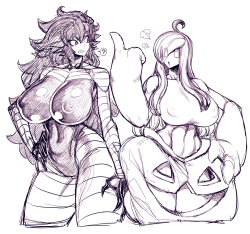 Rule 34 | 2girls, ?, ahoge, annoyed, black hair, breasts, covered erect nipples, covered navel, cowboy shot, cropped legs, eye contact, fuming, gen 1 pokemon, gen 6 pokemon, gengar, gourgeist, greyscale, hand on own hip, highres, huge breasts, impossible clothes, index finger raised, jack-o&#039;-lantern, long hair, looking at another, monochrome, multiple girls, nintendo, personification, pointing, pokemon, simple background, sketch, sneer, spacezin, spoken question mark, thighs, very long hair, white background, wide hips