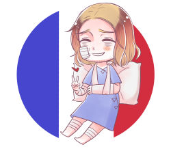 1boy axis_powers_hetalia bandages bandage_on_face blonde_hair cast commentary closed_eyes facial_hair france france_(hetalia) french_flag heart highres injury male_focus malikui open_mouth pillow smile solo v