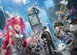 Rule 34 | 2boys, 5girls, abby (wuthering waves), armor, black bow, black flower, black gloves, black hair, black jacket, black pants, blake bloom (wuthering waves), blue hair, blue sky, bow, brant (wuthering waves), breastplate, breasts, burger, camellya (wuthering waves), cloudy (wuthering waves), commentary request, cosmos (wuthering waves), daeraeband, day, dress, dual persona, earrings, eating, elbow pads, encore (wuthering waves), female rover (wuthering waves), flower, food, gloves, gold earrings, grey shirt, hair between eyes, hair bow, hair flower, hair ornament, hairband, hand on own hip, hat, highres, holding, holding burger, holding food, jacket, jewelry, jue (wuthering waves), large breasts, long hair, lupa (wuthering waves), male rover (wuthering waves), medium breasts, metal hairband, multiple boys, multiple girls, navel, open mouth, outdoors, pants, pantyhose, phoebe (wuthering waves), pink hair, red sash, rover (wuthering waves), sash, shirt, short hair, sky, smile, stomach, teeth, tricorne, twintails, upper teeth only, waving, white dress, white hat, white pantyhose, wuthering waves, yellow eyes