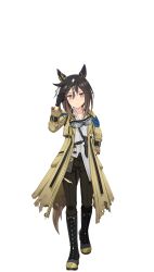 1girl 3d animal_ears black_gloves black_hair boots combat_knife ear_covers game_model gloves goggles goggles_around_neck hand_in_pocket highres horse_ears horse_girl horse_tail jacket knee_boots knife multicolored_eyes multicolored_hair official_art sheath sheathed shirt solo stay_gold_(umamusume) tail torn_clothes torn_jacket two-tone_hair umamusume walking weapon white_shirt yellow_eyes yellow_jacket