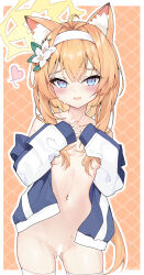 1girl absurdres animal_ear_fluff animal_ears bar_censor blue_archive blue_eyes blush breasts censored collarbone cowboy_shot fang female_focus flower hair_flower hair_ornament halo headband highres jacket loli long_hair long_sleeves looking_at_viewer mari_(blue_archive) mari_(track)_(blue_archive) official_alternate_costume open_clothes open_jacket open_mouth orange_hair pu_ht pussy_juice small_breasts solo standing thighhighs track_jacket white_flower white_headband white_thighhighs yellow_halo