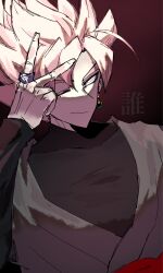 1boy black_bodysuit bodysuit dougi dragon_ball dragon_ball_super earrings goku_black grey_eyes jewelry long_sleeves looking_at_viewer one_eye_closed pink_hair potara_earrings red_sash ring saiyan sash smirk solo spiked_hair super_saiyan super_saiyan_rose v621 wink