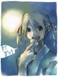 1girl :d bad_id blonde_hair blue_eyes fingernails fukuzawa_yumi full_moon hair_between_eyes hair_ribbon hand_up japanese_clothes kei_(keigarou) kimono maria-sama_ga_miteru moon open_mouth red_ribbon ribbon short_hair smile solo speech_bubble teeth twintails upper_body upper_teeth_only white_kimono