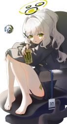 1girl barefoot black_hoodie black_panties blue_archive can commentary_request drink_can drone hair_intakes hair_ornament halo hare_(blue_archive) high_ponytail highres holding holding_can hood hood_down hoodie knees_up lanyard long_hair looking_at_viewer majo_(pastamajo) monster_energy on_chair open_mouth panties ponytail simple_background solo swivel_chair underwear unworn_lanyard white_background white_hair x_hair_ornament