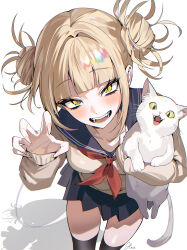 1girl absurdres animal black_thighhighs blonde_hair blue_sailor_collar blue_skirt blunt_bangs blush boku_no_hero_academia brown_shirt cat claw_pose double_bun fangs hair_bun haze_(ohw8g) highres holding holding_animal holding_cat looking_at_viewer messy_hair neckerchief open_mouth red_neckerchief sailor_collar shirt sidelocks skirt solo thighhighs toga_himiko yellow_eyes