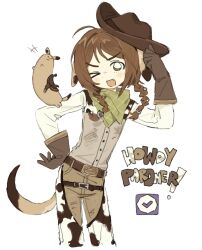 animal_print braid brown_eyes brown_hair child chinchilla_ears chinchilla_girl cow_print cowboy cowboy_hat cowboy_western english_text gloves hand_on_headwear hands_on_own_hips hat highres indie_virtual_youtuber mole mole_on_cheek mota_(motaberrie) motaberrie_(vtuber) one_eye_closed twin_braids western
