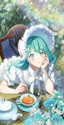 Rule 34 | 1girl, blue eyes, blue flower, blue hair, blue rose, bonnet, chair, character request, check character, closed mouth, cup, dress, elbow rest, flower, flower request, frilled bonnet, frilled dress, frilled sleeves, frills, gem, hand on own cheek, hand on own face, highres, holding, holding spoon, imam (oozlo), korean commentary, lens flare, lips, looking at viewer, original, pale skin, pearl (gemstone), plant, plate, puffy short sleeves, puffy sleeves, rose, saucer, short sleeves, smile, solo, split mouth, spoon, table, tea, teacup, teapot, tree, white flower