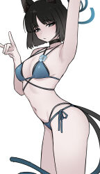 1girl animal_ears arm_up armpits bakeneko bikini black_bikini black_choker black_eyes black_hair black_tail blue_archive blue_bikini blue_halo blue_tail breasts cat_ears cat_girl cat_tail choker cleavage closed_mouth criss-cross_halter criss-cross_straps fox_shadow_puppet gradient_tail guwall halo halterneck haori highres japanese_clothes kikyou_(blue_archive) kikyou_(swimsuit)_(blue_archive) layered_bikini looking_at_viewer medium_breasts multiple_tails navel official_alternate_costume short_hair side-tie_bikini_bottom simple_background solo stomach swimsuit tail thighs two_tails white_background white_haori