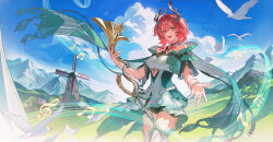 1girl absurdres bare_shoulders bird blue_sky chinese_commentary ciaccona_(wuthering_waves) cloud cloudy_sky commentary_request dress green_eyes highres horns instrument long_hair open_mouth outdoors red_hair scrunchie short_sleeves shu_bing sky smile solo standing wuthering_waves