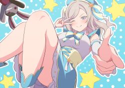 1girl absurdres bare_legs beret bloomers blue_background blue_eyes blue_hat blush breasts ceras_yanagida_lilienfeld ceras_yanagida_lilienfeld_(mahou_shoujo_rhythmic_heart) convenient_leg detached_sleeves dress fingernails floating grey_hair hair_ribbon hat hat_ornament highres large_breasts link!_like!_love_live! long_hair love_live! magical_girl official_alternate_costume one_eye_closed pointing pointing_at_viewer polka_dot polka_dot_background ribbon shoes short_dress smile smug solo star_(symbol) star_hat_ornament star_symbol_background stuffed_animal stuffed_rabbit stuffed_toy underbust underwear upskirt v v_over_eye yellow_corset zanpon