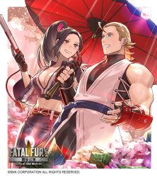 Rule 34 | 1girl, andy bogard, black gloves, black jacket, black pants, breast zipper, breasts, brown eyes, cleavage, couple, crop top, cropped jacket, fatal fury, fatal fury: city of the wolves, folded fan, folding fan, gloves, hand fan, hetero, high ponytail, highres, holding, holding fan, jacket, large breasts, leather, leather pants, long hair, navel, official alternate costume, official art, pants, partially unzipped, ponytail, print jacket, shiranui mai, smile