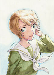 1girl absurdres artist_name bj1034_(tosashi) blue_eyes brown_hair closed_mouth colored_pencil_(medium) green_shirt hand_in_own_hair highres koshimizu_natsuki long_sleeves looking_at_viewer meitantei_conan neckerchief sailor_collar school_uniform serafuku shirt short_hair smile solo traditional_media upper_body white_background white_neckerchief white_sailor_collar