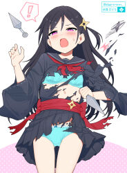 ! 1girl artist_name black_hair black_sailor_collar black_serafuku black_shirt black_skirt blue_bow blue_bra blue_panties blush bow bow_panties bra breasts commentary_request cowboy_shot dairininn highres kunai long_hair long_sleeves neckerchief one_side_up open_mouth original panties pink_eyes pleated_skirt red_neckerchief sailor_collar school_uniform serafuku shirt shuriken_hair_ornament skirt small_breasts solo speech_bubble spoken_exclamation_mark stomach sweat torn_clothes torn_skirt underwear very_long_hair weapon wide_sleeves