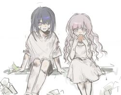 1833529948 1boy 1girl alternate_costume black_hair black_shorts brother_and_sister chinese_commentary commentary_request crying crying_with_eyes_open curly_hair dress hair_over_one_eye highres long_hair open_mouth pink_eyes pink_hair purple_eyes shirt shorts siblings sitting sketch smile tears the_hundred_line_-last_defense_academy- torn_clothes torn_sleeves tsukumo_ima tsukumo_kako twins white_background white_dress white_shirt