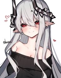 1girl absurdres alternate_costume arknights bare_shoulders black_horns black_sweater blush breasts cleavage closed_mouth collarbone commentary_request ear_blush ear_piercing grey_hair hair_between_eyes heart highres horns large_breasts long_hair looking_at_viewer mudrock_(arknights) off_shoulder partial_commentary piercing pointy_ears red_eyes ribbed_sweater simple_background smile solo sweater twitter_username white_background worimehl
