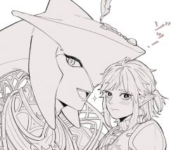 Rule 34 | 2boys, armor, blush, closed mouth, commentary request, fins, fish boy, greyscale, head fins, headpiece, jewelry, link, long pointy ears, looking at viewer, looking to the side, male focus, monochrome, multiple boys, necklace, nintendo, pauldrons, pointy ears, ponytail, sharp teeth, short ponytail, shoulder armor, sideways glance, sidon, simple background, sparkle, teeth, teto ten, the legend of zelda, the legend of zelda: breath of the wild, tongue, upper body, upper teeth only, white background, zora
