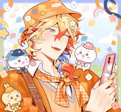 Rule 34 | 1boy, :3, absurdres, alternate costume, alternate hairstyle, artist name, axel syrios, axelotl (axel syrios), balloon, blonde hair, blue eyes, blue hat, blue neckerchief, blue ribbon, blush, blush stickers, bucket hat, buckle, cellphone, cellphone charm, charm (object), chiikawa, chiikawa (character), cloud, collarbone, collared shirt, commentary, crossover, earrings, english commentary, fang, fingernails, flower, hachiware (chiikawa), hair between eyes, hands up, hat, highres, hiimtae sb, holding, holding phone, holostars, holostars english, jacket, jewelry, long bangs, multicolored hair, multicolored ribbon, multiple earrings, neckerchief, on shoulder, one eye closed, open clothes, open jacket, open mouth, orange hat, orange jacket, orange neckerchief, orange ribbon, orange sweater vest, phone, pink hat, pink neckerchief, plaid clothes, plaid neckerchief, portrait, print hat, rainbow, red hair, ribbon, shirt, short hair, signature, sitting, size difference, smartphone, smile, solo, standing, star (symbol), sticker, strap, streaked hair, sweater vest, tongue, twitter username, usagi (chiikawa), virtual youtuber, white shirt