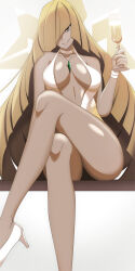 1girl alcohol arm_support bare_shoulders blonde_hair blunt_bangs breasts breasts_apart center_opening champagne champagne_flute choker cleft_of_venus crossed_legs cup diamond_(shape) dress drink drinking_glass empty_eyes fingernails food gem gradient_clothes gradient_dress grin hair_between_eyes hair_over_one_eye halter_dress halterneck head_tilt high_heels highres holding holding_cup holding_drink holding_food jewelry legs long_hair looking_at_viewer lusamine_(pokemon) medium_breasts midriff necklace nintendo no_bra no_panties plunging_neckline pokemon pokemon_sm pussy revealing_clothes seductive_smile shiny_skin shoes sitting smile solo straight_hair teeth two-tone_dress upskirt very_long_hair vivivoovoo when_you_see_it white_choker white_dress white_shoes wristband yellow_dress