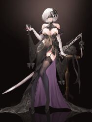 1girl 2b_(nier:automata) absurdres alternate_costume bare_shoulders black_background black_blindfold black_dress black_flower black_garter_straps black_hairband black_rose black_thighhighs blindfold bow breasts cleavage covered_navel cup dreiworks dress drinking_glass elbow_gloves flower full_body garter_straps gloves gradient_background hair_bow hairband high_heels highres holding holding_cup large_breasts nier:automata nier_(series) ootachi parted_lips reflective_floor rose side_slit simple_background solo standing sword tassel thighhighs weapon white_gloves white_hair wine_glass