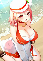 1girl absurdres bikini breasts brown_sandals cleavage fire_emblem fire_emblem_engage fire_emblem_heroes flat_cap hat highres jacket jewelry lapis_(fire_emblem) lapis_(forager_of_the_sea)_(fire_emblem) large_breasts mizumura_(midu_mura) necklace nintendo official_alternate_costume open_mouth pink_eyes pink_hair red_bikini red_skirt sandals see-through_clothes see-through_jacket short_hair skirt solo swimsuit two-tone_hat white_hat white_jacket