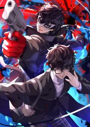 Rule 34 | 1boy, absurdres, amamiya ren, black coat, black eyes, black hair, black jacket, coat, dual wielding, eye mask, finger on trigger, glasses, gun, highres, holding, holding gun, holding weapon, jacket, joker (persona 5), persona, persona 5, red background, short hair, uedrk yamato, weapon, white mask