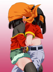 Rule 34 | 2girls, denim, denim shorts, dragon ball, dragon ball gt, dragon ball heroes, female focus, hug, multiple girls, multiple persona, pan (dragon ball), pan (xeno), rom (20), shiny skin, shorts