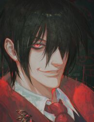 1boy alucard_(hellsing) artistdkt black_hair hair_over_one_eye hellsing highres looking_at_viewer male_focus mature_male necktie nose red_eyes red_necktie short_hair simple_background smile solo vampire