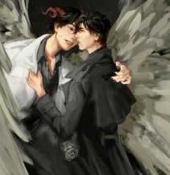 2boys arm_around_back black_coat black_eyes black_nails black_shirt clothes_grab coat collared_shirt feathered_wings fingernails grin implied_yaoi kim_dokja looking_at_another macaronijail male_focus multiple_boys official_alternate_costume omniscient_reader&#039;s_viewpoint popped_collar sharp_fingernails shirt smile upper_body white_coat white_wings wings yellow_eyes yoo_joonghyuk