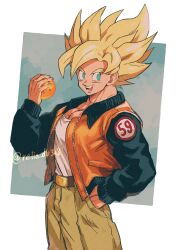 Rule 34 | 1boy, absurdres, black jacket, blonde hair, cowboy shot, dragon ball, dragon ball (object), dragonball z, green eyes, hand in pocket, highres, jacket, looking at viewer, male focus, multicolored jacket, muscular, muscular male, number print, number pun, open mouth, orange jacket, relio db318, shirt, smile, solo, son goku, super saiyan, super saiyan 1, twitter username, white shirt