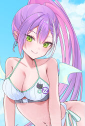 1girl bikini breasts chabo_(x_xhauntedx_x) demon_girl demon_wings fang green_eyes high_ponytail highres hololive long_hair medium_breasts navel ponytail purple_hair skin_fang solo swimsuit tokoyami_towa upper_body virtual_youtuber white_bikini white_wings wings