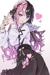 1girl absurdres bow braid brown_bow brown_hair brown_nails brown_skirt cowboy_shot frills gradient_background hair_bow heart highres k_einosuke long_hair looking_at_viewer multicolored_hair own_hands_together pink_bow pink_hair purple_eyes rabbit_ornament shirt skirt smile solo split-color_hair tachibana_hinano tachibana_hinano_(1st_costume) twisted_torso two-tone_hair virtual_youtuber vspo! white_shirt