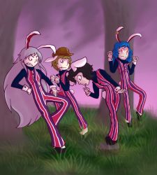 4girls barefoot cosplay crossover inaba_tewi lazytown meme multiple_girls reisen_udongein_inaba ringo_(touhou) robbie_rotten robbie_rotten_(cosplay) seiran_(touhou) shoes tagme touhou branch