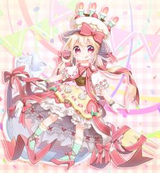 Rule 34 | 1girl, :q, absurdres, blonde hair, bow, cake, candle, candy, candy cane, confetti, female focus, food, food-themed clothes, food print, fork, fruit print, gloves, hair ribbon, high heels, highres, kneehighs, long hair, looking at viewer, nipeira, original, oversized object, pennant, pigeon-toed, pocketland, print skirt, red bow, red eyes, red ribbon, red shoes, ribbon, shoes, skirt, socks, solo, strawberry print, striped clothes, striped socks, tongue, tongue out, whipped cream, white gloves