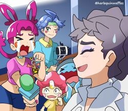Rule 34 | absurdres, artist name, bike shorts, blue shirt, braid, brown hair, charm (object), closed eyes, clothed pokemon, coin, crying, diantha (pokemon), eyeshadow, fangs, gen 1 pokemon, gen 2 pokemon, gen 6 pokemon, gold, gourgeist, harlequinwaffles, highres, holding, holding microphone, james (pokemon), jessie (pokemon), koban (gold), makeup, meowth, microphone, nintendo, open mouth, pink hair, pokemon, pokemon (anime), pokemon journeys, purple hair, selfie stick, shirt, streaming tears, sweatdrop, tears, wobbuffet, yellow shirt