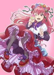 1girl :d bow dark_cure_(yes!_precure_5) dark_dream dress easter easter_egg egg flats frilled_dress frilled_sleeves frills gothic_lolita hair_rings head_wreath lolita_fashion long_dress long_sleeves one_eye_closed open_mouth pantyhose pink_background pink_bow pink_eyes pink_hair precure puffy_sleeves purple_bow smile solo uyoshi yes!_precure_5