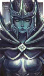 1girl 2018 absurdres armor artist_name black_cape black_hair cape colored_skin commentary dota_(series) dota_2 english_commentary green_eyes green_skin helmet highres lips long_hair looking_at_viewer parted_lips phantom_assassin_(dota) ponytail seuyan signature solo upper_body very_long_hair