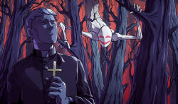 1boy 1other bare_tree cross faith_(game) forest holding holding_cross john_ward looking_up male_focus nature no_pupils outdoors parted_lips priest red_sky short_hair sky standing tree very_short_hair wenny02