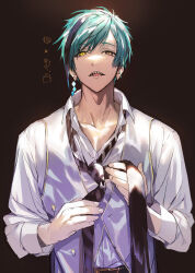 1boy absurdres aqua_hair belt black_belt black_necktie brown_background brown_eyes collarbone commentary_request diagonal-striped_clothes diagonal-striped_necktie earrings fingernails floyd_leech grey_hair highres holding_necktie jewelry looking_at_viewer male_focus multicolored_hair nana_tetra necktie open_mouth purple_vest sharp_teeth shirt short_hair single_earring solo streaked_hair striped_clothes teeth twisted_wonderland two-tone_hair upper_body vest white_shirt yellow_eyes