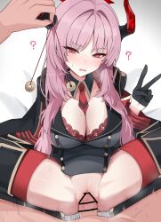 1boy 1girl ? absurdres bar_censor black_gloves blue_archive breasts censored cleavage coin coin_on_string commentary_request demon_girl demon_horns gloves halo hetero highres holed_coin horns huge_breasts hypnosis long_hair mind_control mole mole_on_breast necktie pad_sex_cyclops pendulum penis pink_hair pussy red_eyes red_necktie satsuki_(blue_archive) sex short_necktie spread_legs thighhighs v vaginal