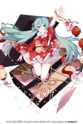 1girl :d aqua_eyes aqua_hair artist_name bad_source blush character_name cherry_blossoms copyright_name floating_hair floral_print frilled_skirt frills full_body geta hair_between_eyes hair_ornament hand_up hatsune_miku highres japanese_clothes kimono long_bangs long_hair looking_at_viewer obi official_art open_mouth petals sash sidelocks simple_background skirt smile solo sylvia_(huajiuhuajiu) tabi teeth twintails very_long_hair vocaloid watermark white_background wide_sleeves