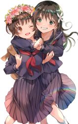 Rule 34 | 2girls, absurdres, black hair, black serafuku, black shirt, blush, brown hair, collarbone, commentary request, feet out of frame, flower, grin, hair flower, hair ornament, hana (h6n6 matsu), head wreath, heart, highres, hug, long hair, long skirt, long sleeves, looking at another, looking at viewer, multiple girls, neckerchief, one eye closed, open mouth, pleated skirt, sakugawa school uniform, saten ruiko, school uniform, serafuku, shirt, short hair, skirt, smile, toaru kagaku no railgun, toaru majutsu no index, uiharu kazari